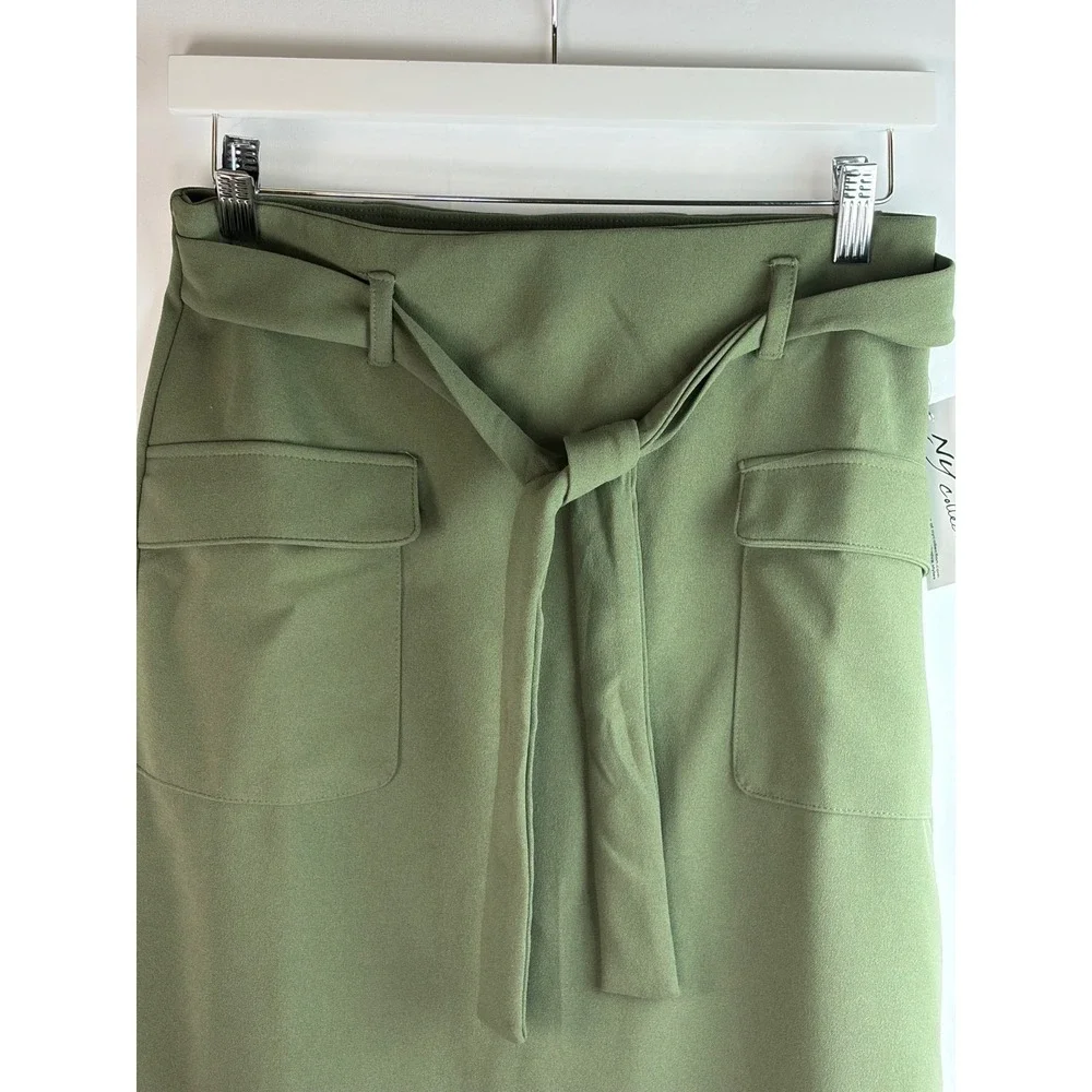 NY Collection Olive Green Petite Slim Belted Scuba Crepe Cargo Skirt Medium Chic